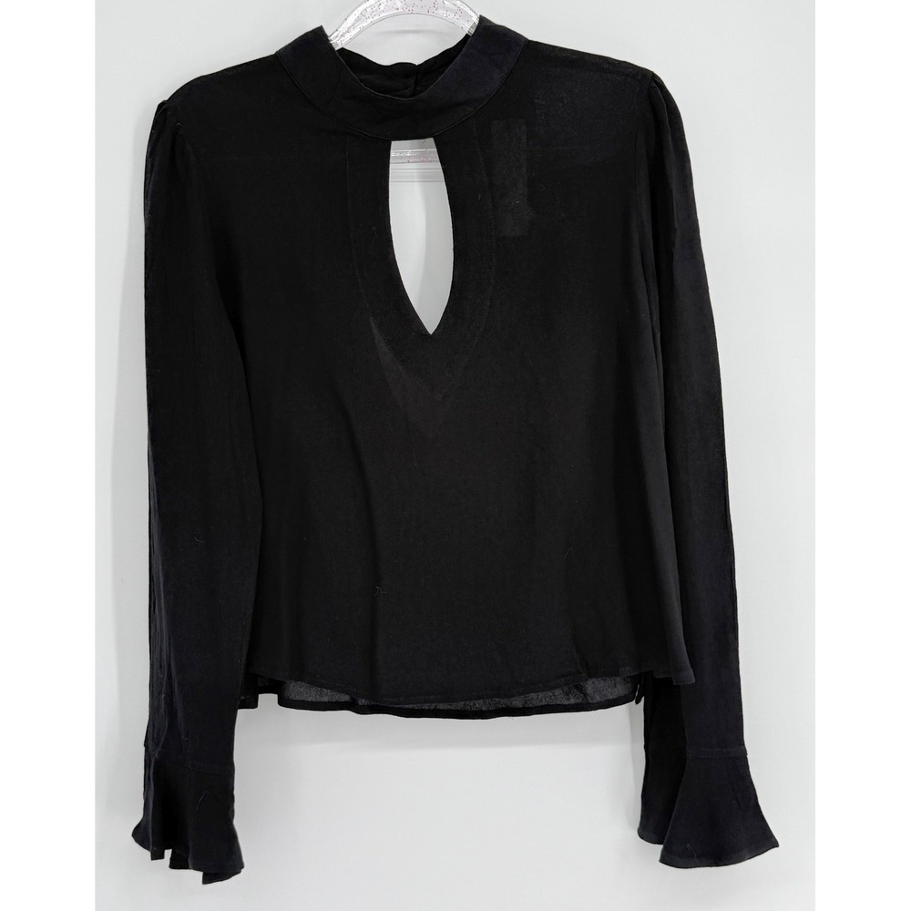 Shinestar Womens‎ Black Mock Neck Keyhole Ruffle Cuff Blouse Top Size L NEW